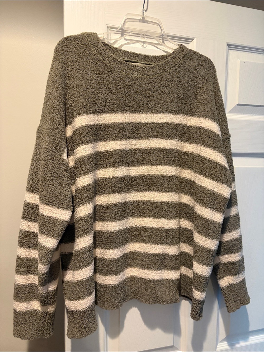 easel Olive & White Striped Crewneck Sweater
